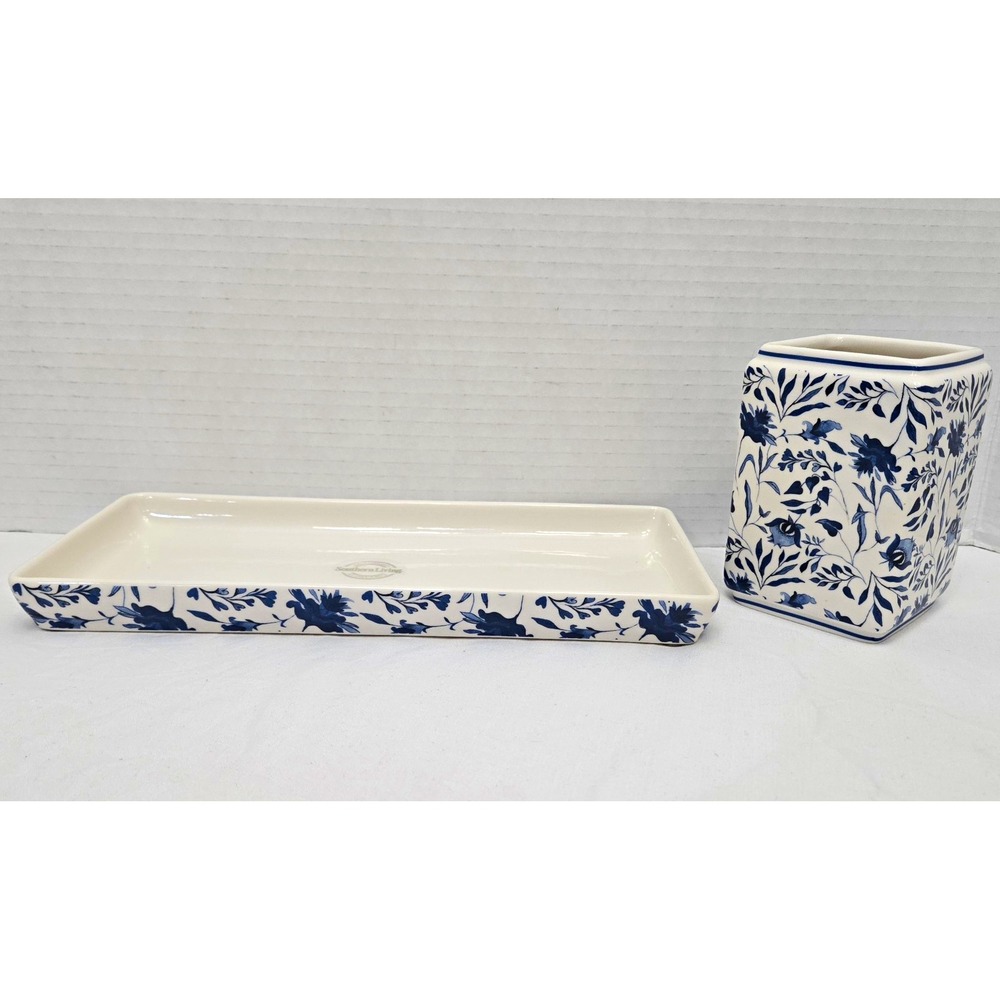 Southern Living Caroline Blue/White Floral Chinoiserie Lot/2 Vanity Tray/Holder